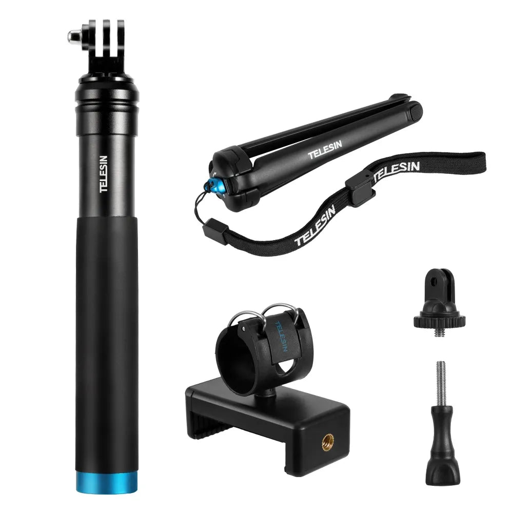 TELESIN GP-MNP-090-S Extendable Aluminum Alloy Selfie Stick with Tripod and Phone Clip for GoPro