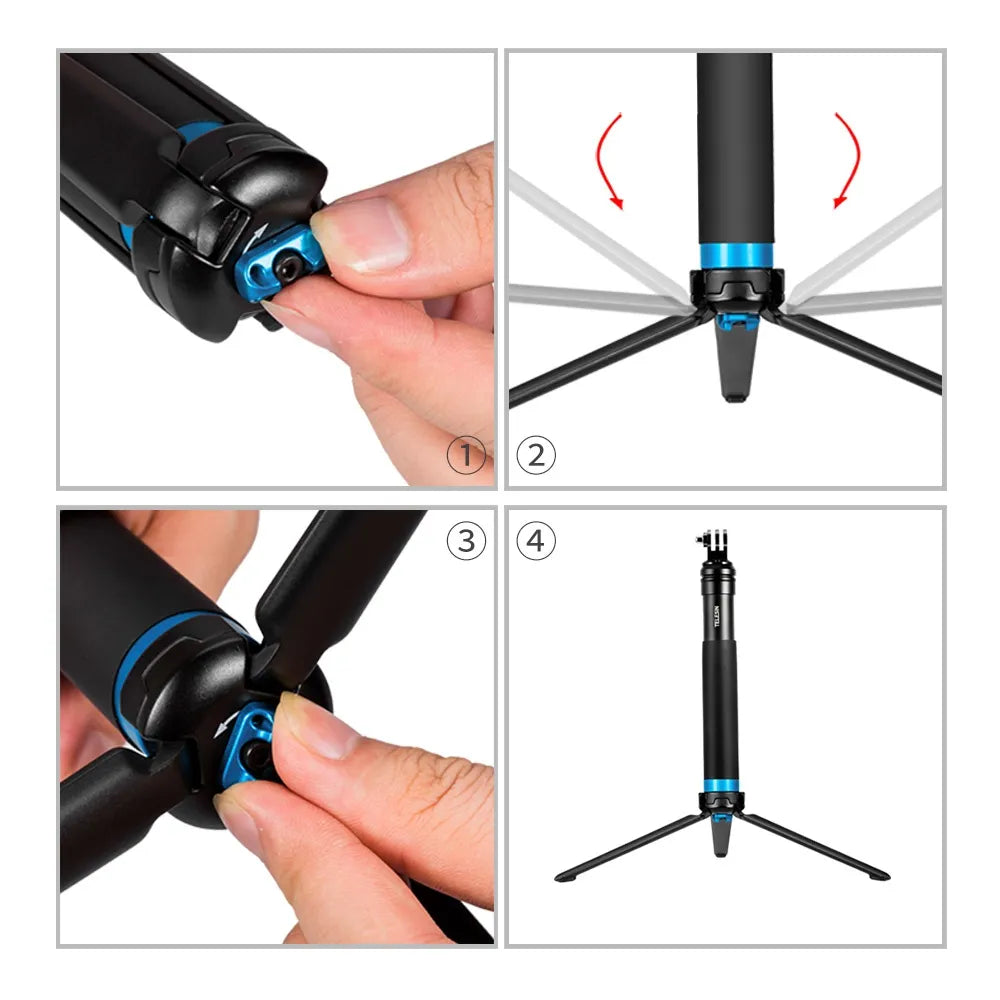 TELESIN GP-MNP-090-S Extendable Aluminum Alloy Selfie Stick with Tripod and Phone Clip for GoPro