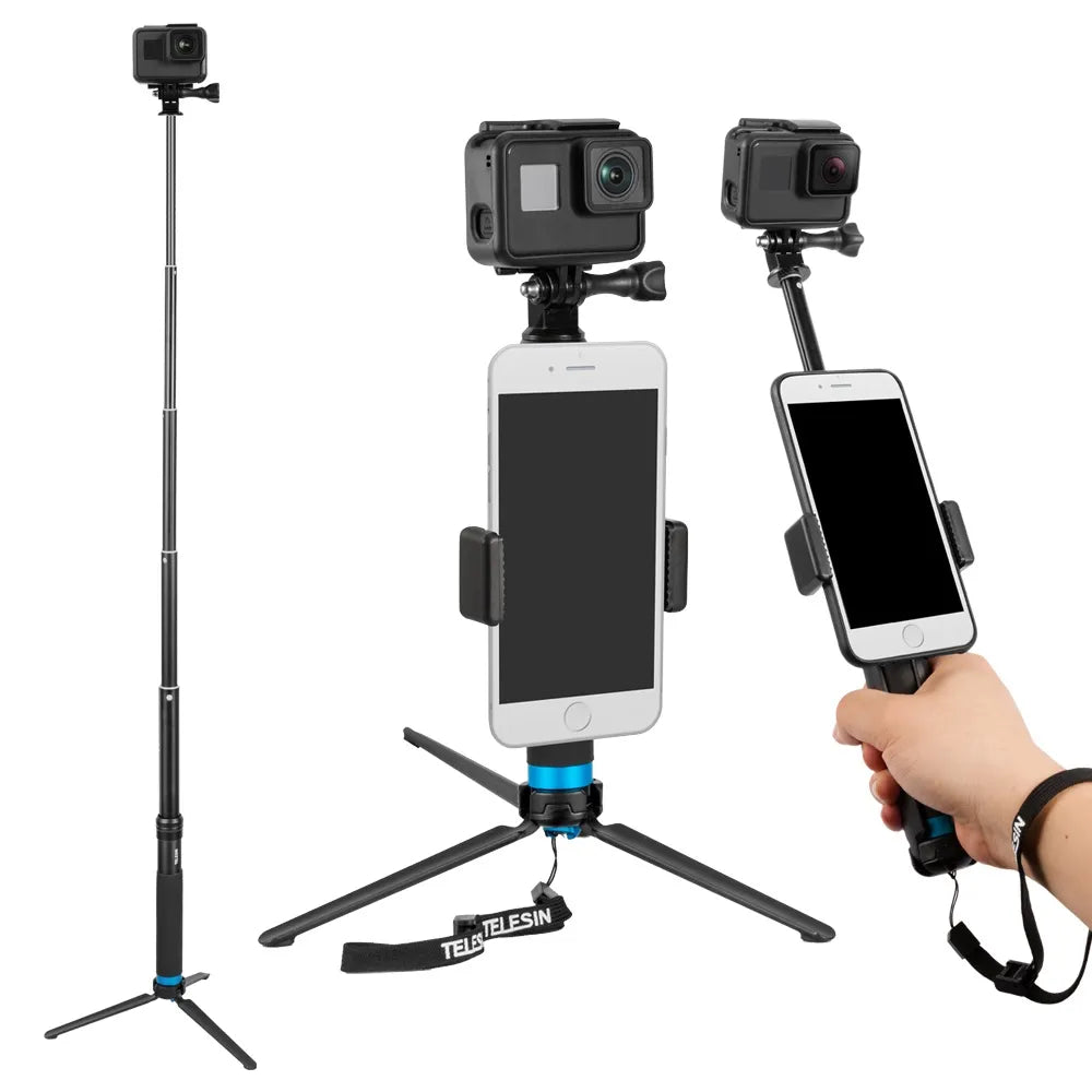 TELESIN GP-MNP-090-S Extendable Aluminum Alloy Selfie Stick with Tripod and Phone Clip for GoPro