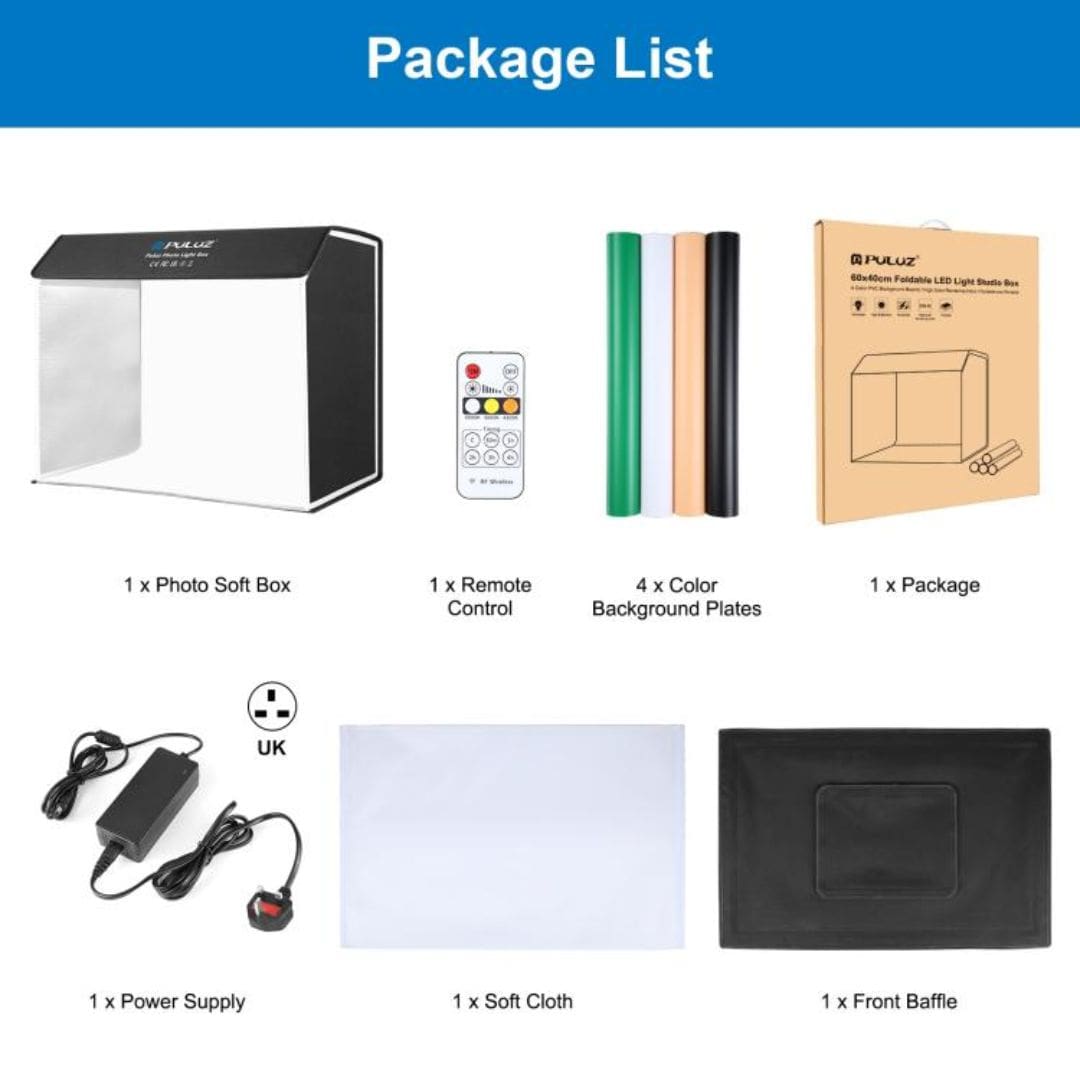 PULUZ Photo Studio Light Box Portable 60 x 40cm Cuboid Photography Studio Tent Kit with 4 Color Backdrops (UK Plug)