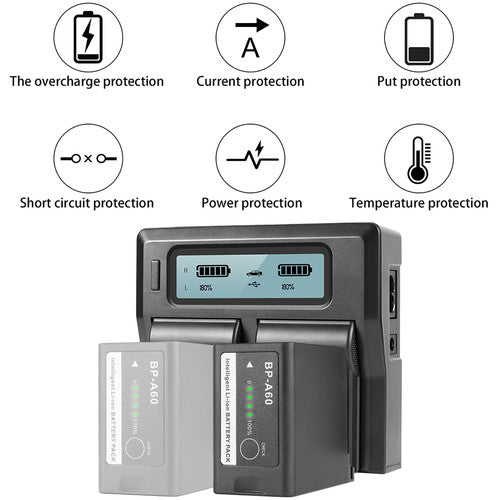 GVM Dual Charger with BP-A60 Battery for Canon C300 Mark II, C200 &amp; C200B (6800mAh)