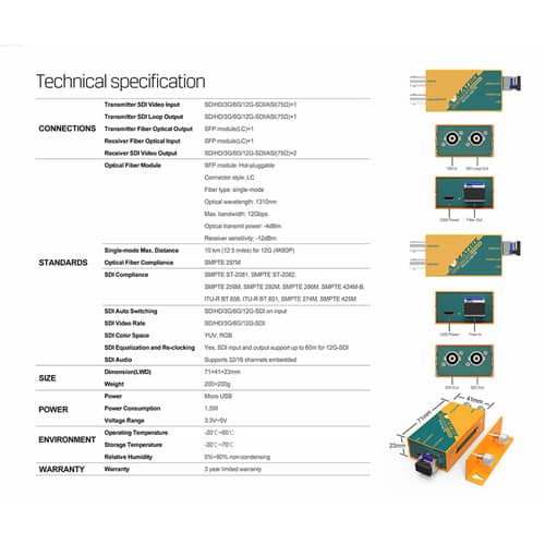 AVMATRIX 12G-SDI Fiber Optic Extender Transmitter/Receiver Set