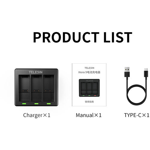 TELESIN GP-BCG-902 3-CHANNEL TRIPLLE BATTERY CHARGER FOR GOPRO HERO 9