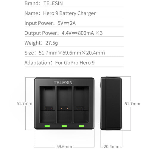 TELESIN GP-BCG-902 3-CHANNEL TRIPLLE BATTERY CHARGER FOR GOPRO HERO 9