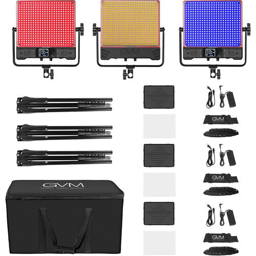 GVM RGB LED Studio Video Light Bi-Color  Soft 3-Light Panel Kit 50SM-3L