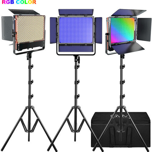 GVM RGB LED Studio Video Light Bi-Color  Soft 3-Light Panel Kit 50SM-3L