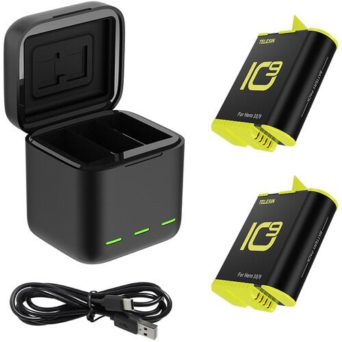 TELESIN 3 SLOTS LED STORAGE CHARGER BOX WITH EXTENDED BATTERY FOR GOPRO 9/10/11 WITH 2 BATTERIES GP-BNC-901B