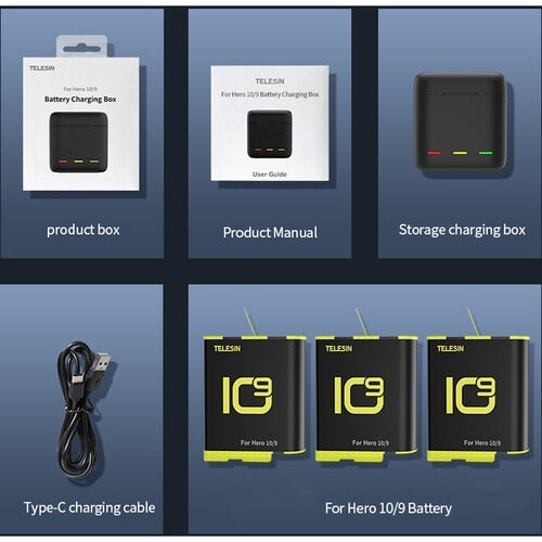 TELESIN 3 SLOTS LED STORAGE CHARGER BOX WITH EXTENDED BATTERY FOR GOPRO 9/10/11 WITH 3 BATTERIES GP-BNC-902B