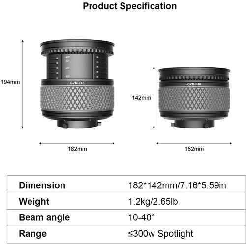 GVM F40 Fresnel Attachment for LED Light Spotlight