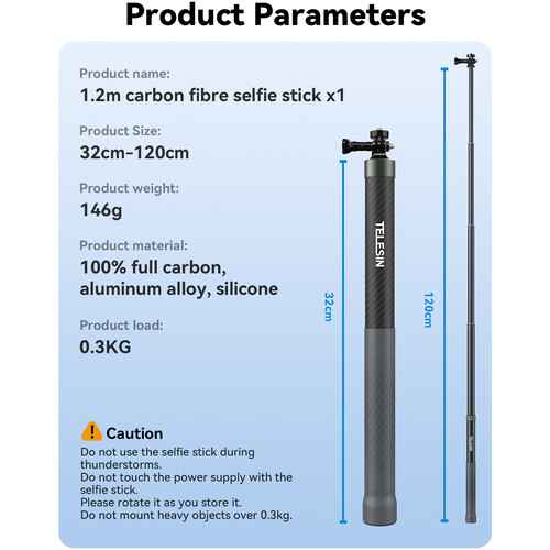 TELESIN 3.9' Carbon Fiber Selfie Stick for Action Cameras