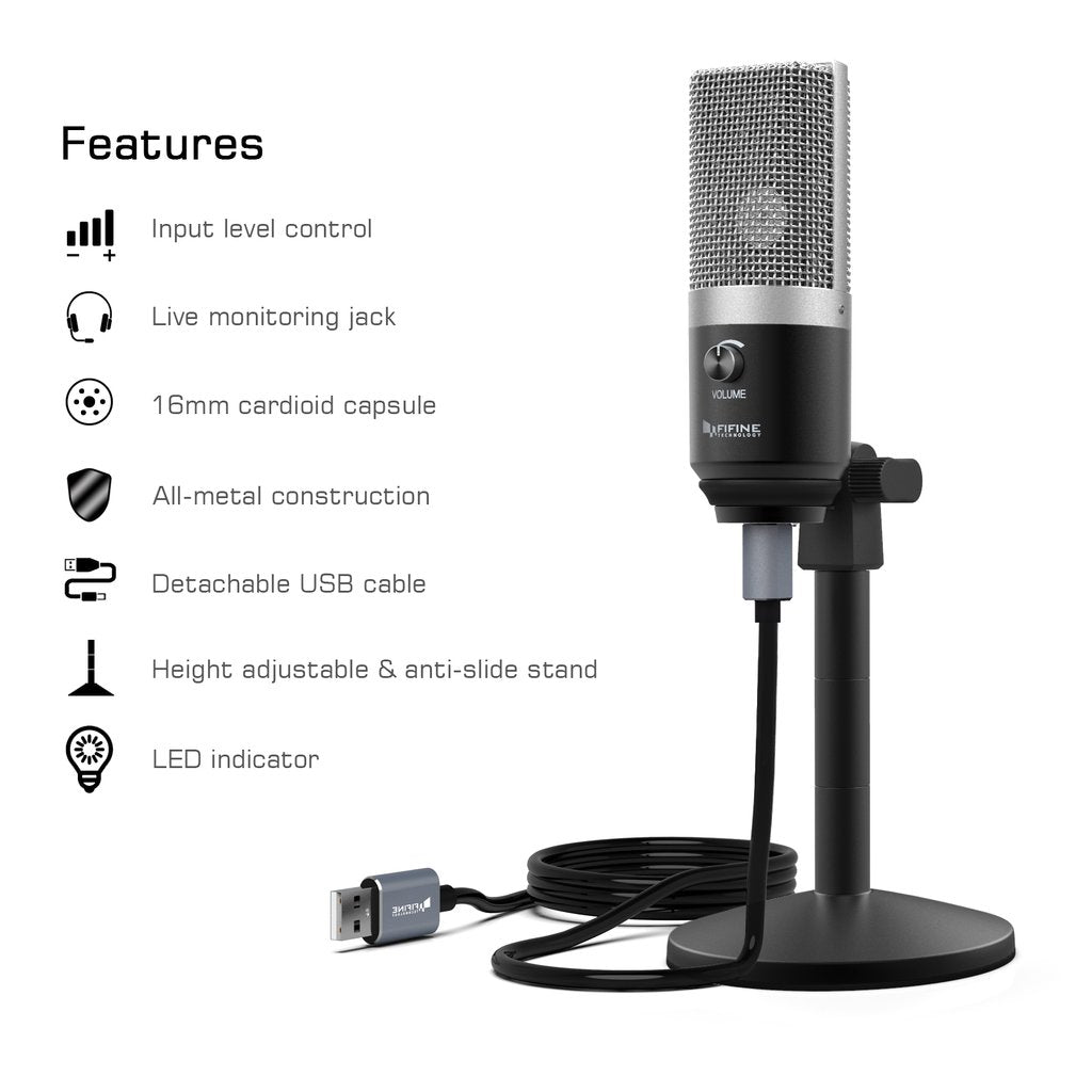 FIFINE K670B USB Mic with a Live Monitoring Jack for Streaming Podcasting on Mac/Windows