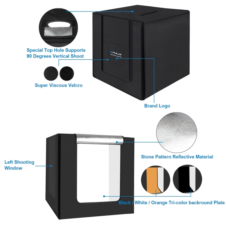 PULUZ 80cm Folding Portable 80W 8500LM White Light Photo Lighting Studio Shooting Tent Box Kit with 3 Colors Backdrops (Black, White, Orange)