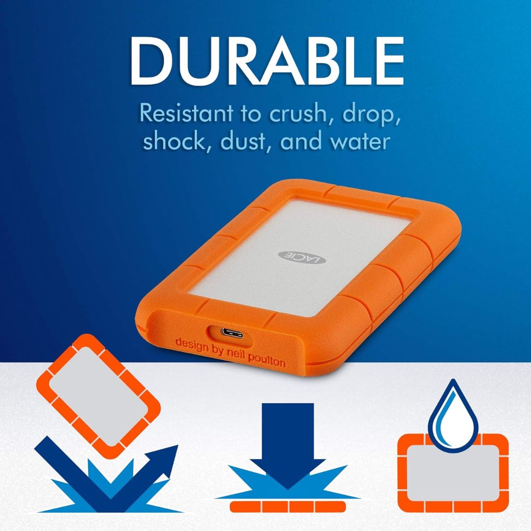 Lacie Rugged USB-C, 2TB, Portable External Hard Drive, Drop, Shock, Dust, Rain Resistant