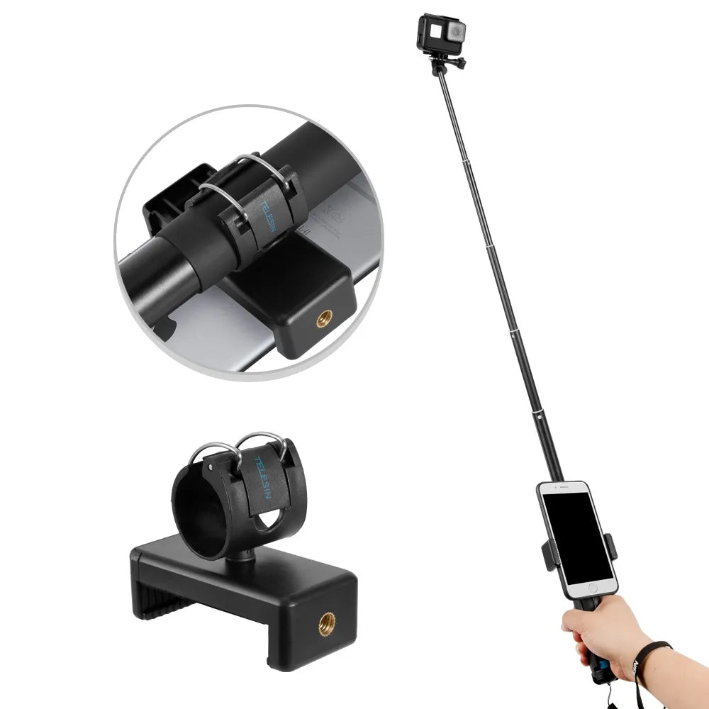 TELESIN GP-MNP-090-S Extendable Aluminum Alloy Selfie Stick with Tripod and Phone Clip for GoPro