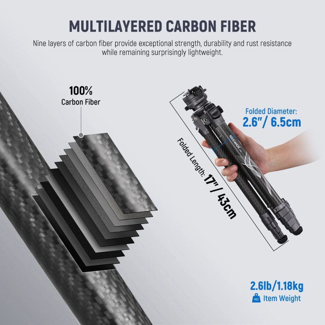 Neewer LiteTrip LT32 62" Travel Tripod Carbon Fiber with ±15° Leveling 360° Panorama Head