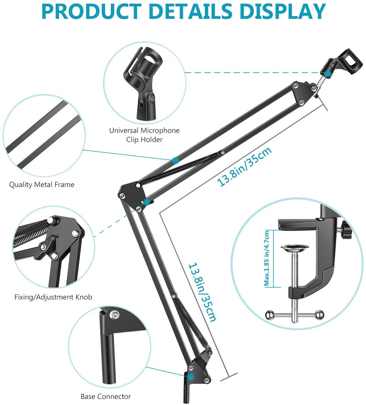 Promage Adjustable Microphone Suspension Boom Scissor Arm Stand, Max Load 1 KG Compact Mic Stand