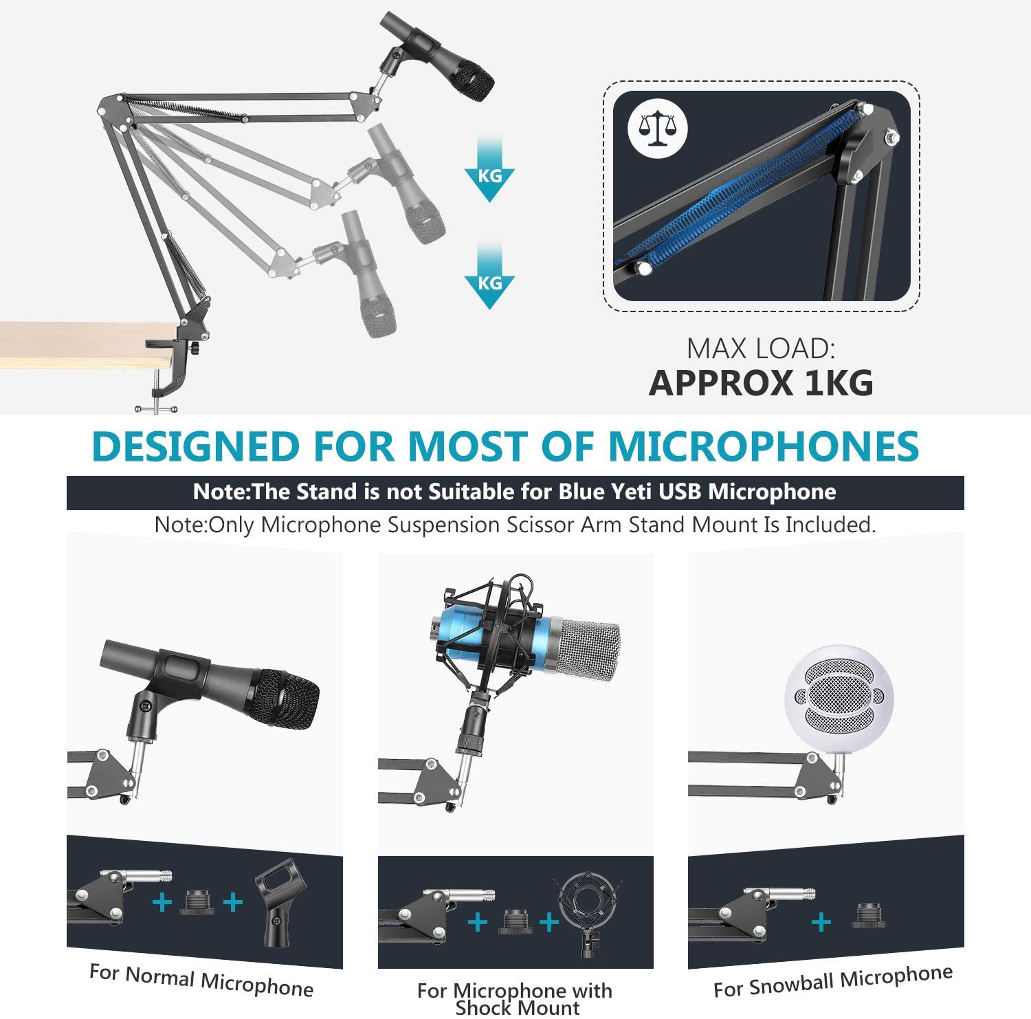 Promage Adjustable Microphone Suspension Boom Scissor Arm Stand, Max Load 1 KG Compact Mic Stand