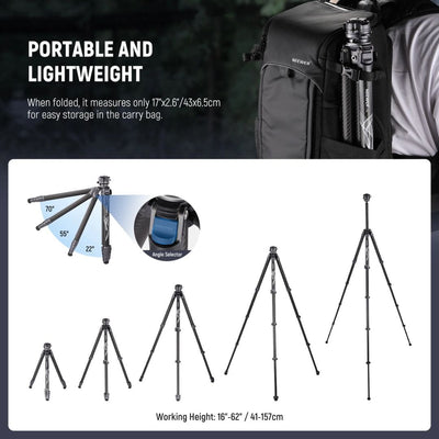 Neewer LiteTrip LT32 62" Travel Tripod Carbon Fiber with ±15° Leveling 360° Panorama Head