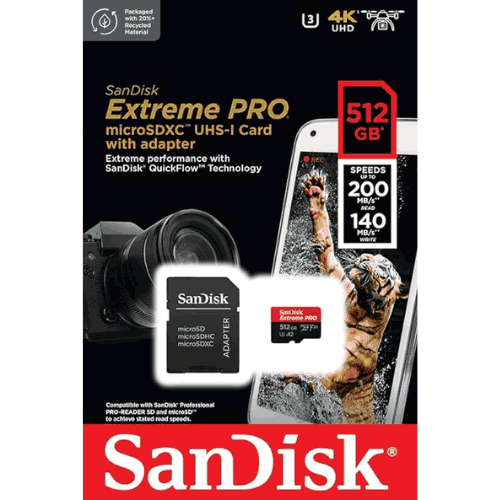 SanDisk MicroSD Extreme Pro UHS I Card 512GB with SD Adapter