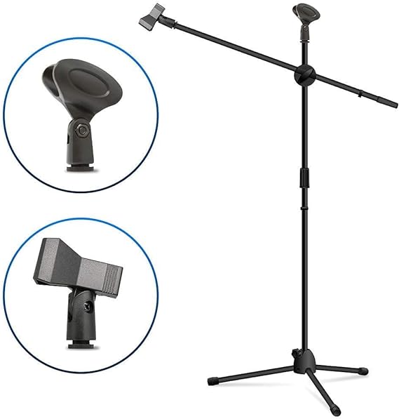 Microphone Floor Stand Heavy Duty Adjustable Collapsible Tripod Boom Mic Stands w/2 Mic Clip Holders for Performance/Karaoke Singing/Speech/Wedding/Stage Party Outdoor Activity