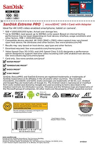 Sandisk Extreme Pro Microsdhc Memory Card Plus Sd Adapter Up To 100 Mb/S, Class 10, U3, V30, A1-32GB