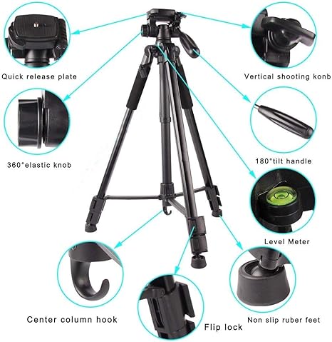 Fotopro S3 4-Section 57 Inch Aluminum Photo &amp; Video Tripod with 2 Way Panhead Payload - 2.5kg (Black)