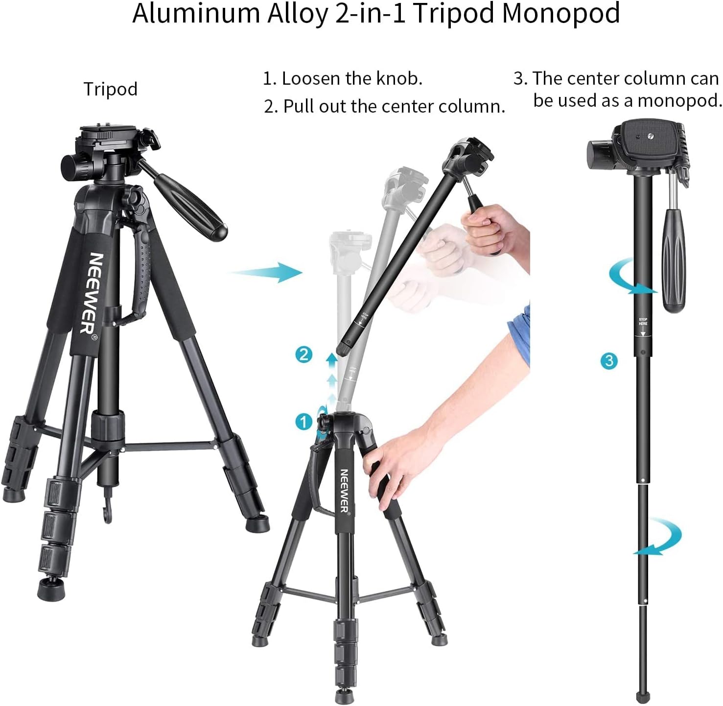 NEEWER Aluminium Alloy Camera Tripod Monopod with Pan Head (BLACK)