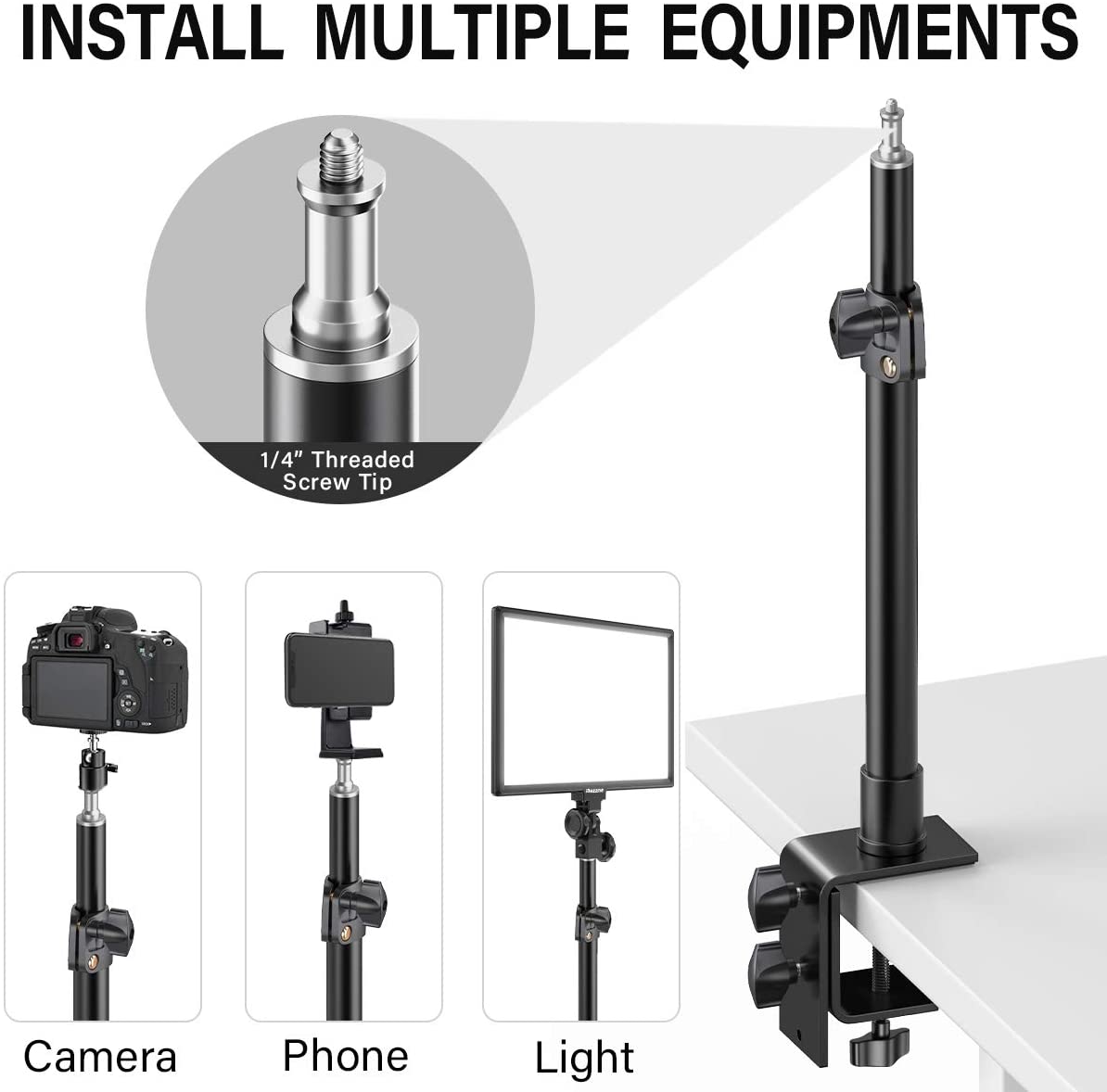 GVM ST-04 Desk Mount Stand,Tabletop C Clamp Mount Stand, Adjustable Table Aluminum Light Stand with Standard 1/4 Screw Tip for DSLR Camera, Ring Light, Video Light, Panel Light
