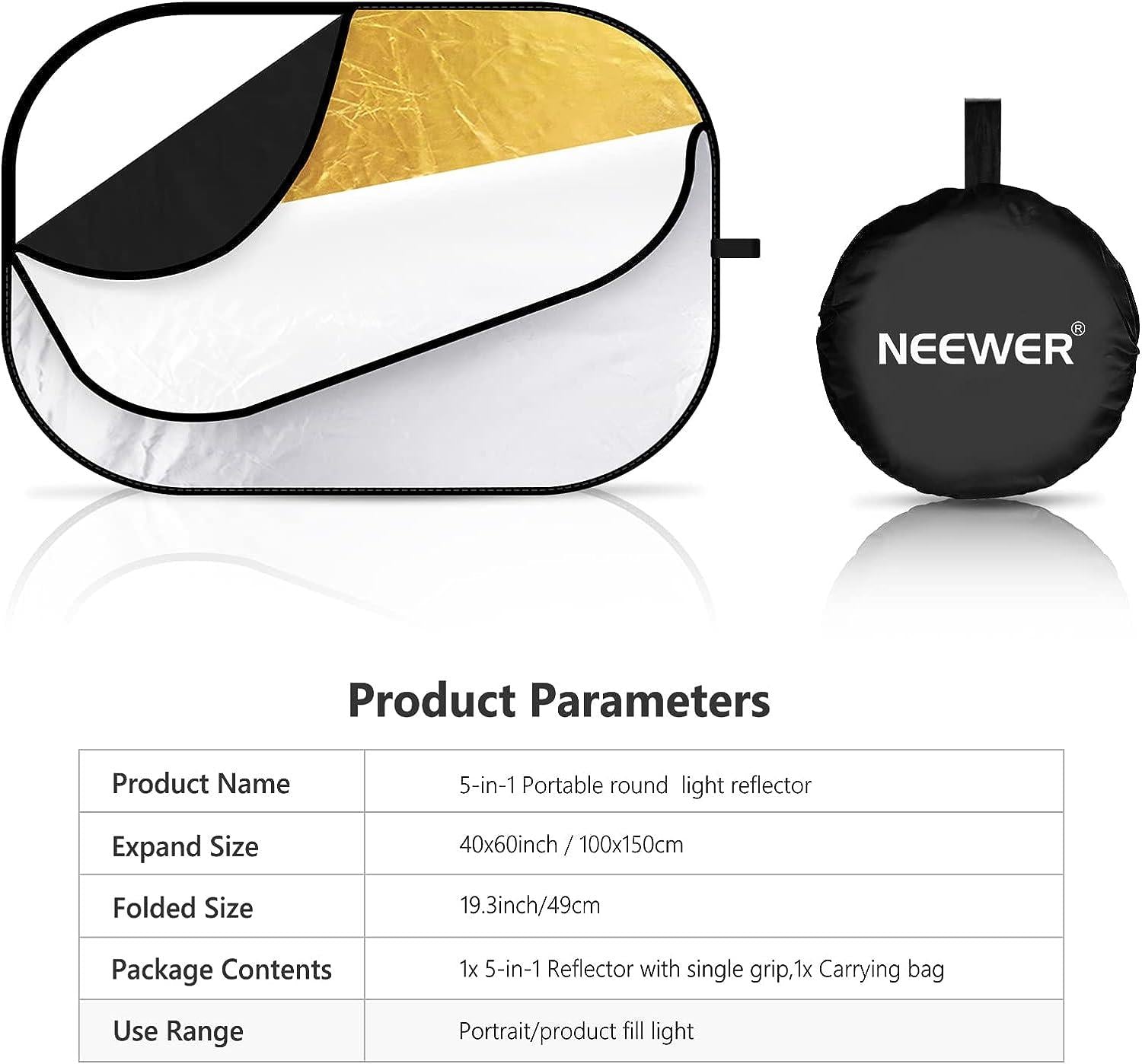 NEEWER 40"x 60"/100x150cm Light Reflectors for Photography, Portable 5 in 1 Collapsible Multi Disc with Bag - Translucent, Silver, Gold, Black, White Diffuser for Studio and Outdoor Lighting 100cm x 150cm
