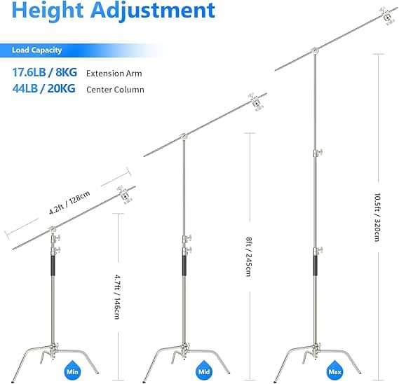NEEWER 10.13ft/309cm Stainless Steel C Stand with Boom Arm &amp; Sliding Legs
