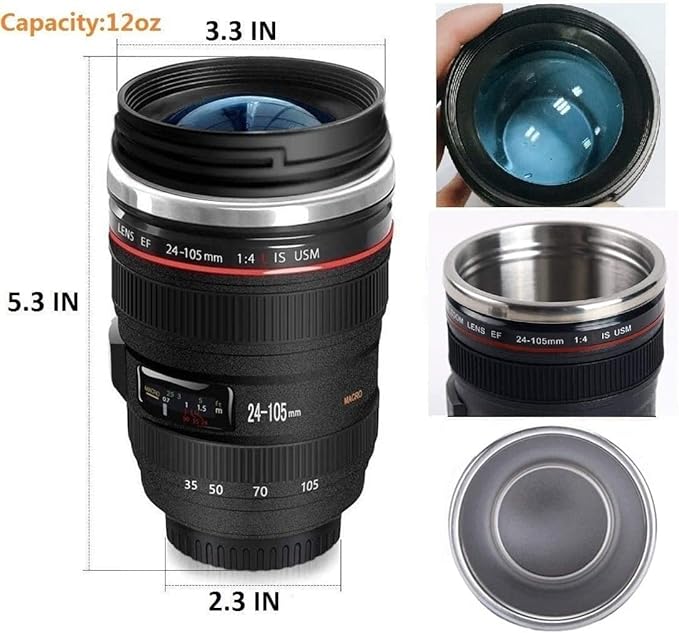 Camera Lens Coffee Mug With Lid,Photography Coffee Cup, Stainless Steel Lens Mug Leak Proof For Photographer Lovers Present