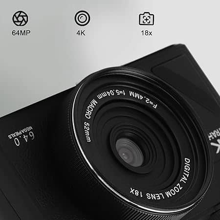 Promage 4K 64MP Camera, 18X Zoom, Flip Screen, Vlogging Camera