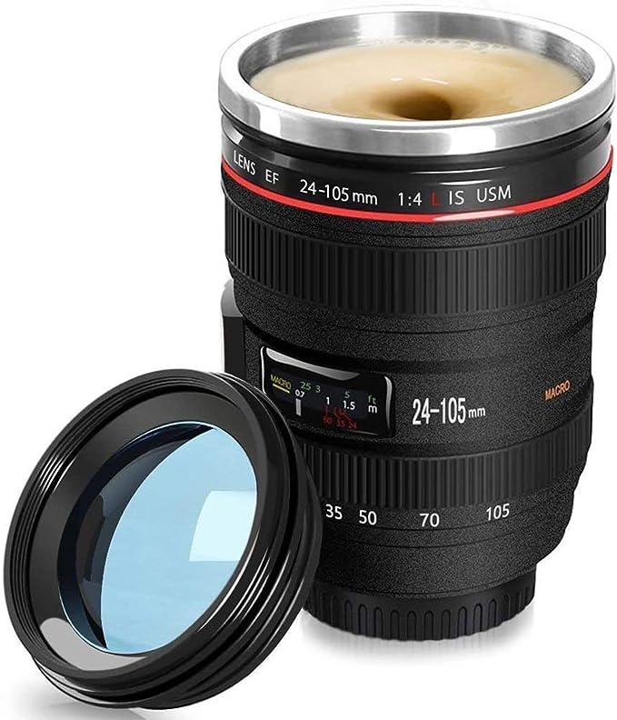 Camera Lens Coffee Mug With Lid,Photography Coffee Cup, Stainless Steel Lens Mug Leak Proof For Photographer Lovers Present