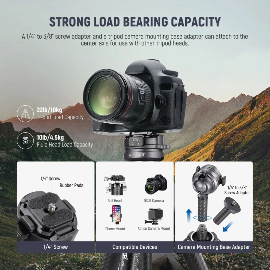 Neewer LiteTrip LT32 62" Travel Tripod Carbon Fiber with ±15° Leveling 360° Panorama Head