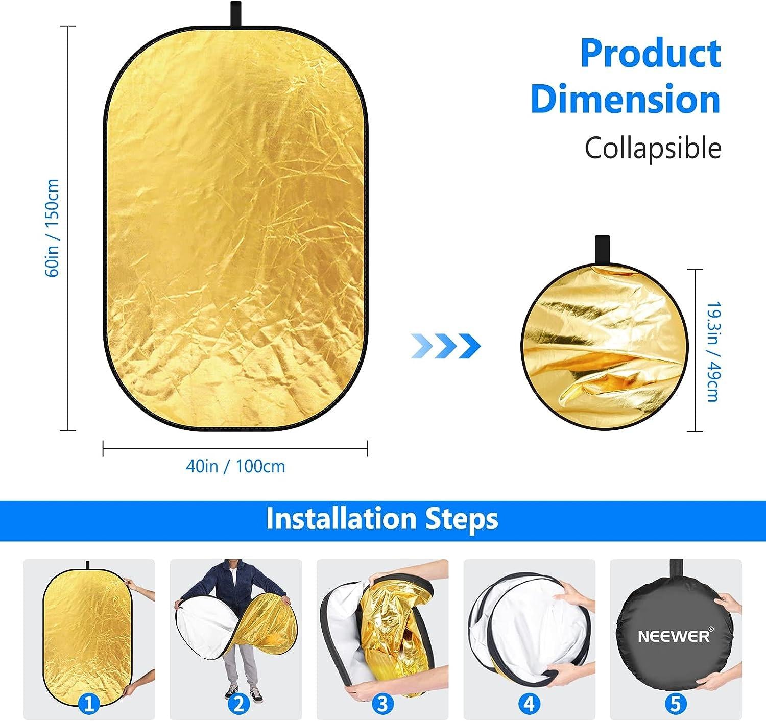 NEEWER 40"x 60"/100x150cm Light Reflectors for Photography, Portable 5 in 1 Collapsible Multi Disc with Bag - Translucent, Silver, Gold, Black, White Diffuser for Studio and Outdoor Lighting 100cm x 150cm