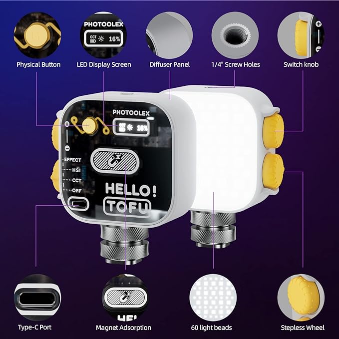 PHOTOOLEX Tofu RGB Video Light, LED Camera Light 360° Full Color Portable Photography Lighting