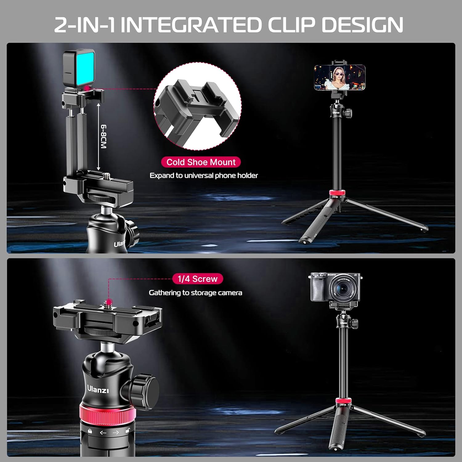 ULANZI MT-44 Portable Tripod Handheld w Ball Head, Extendable Phone Camera Tripod w Cold Shoe, Travel Compact Lightweight Tripod