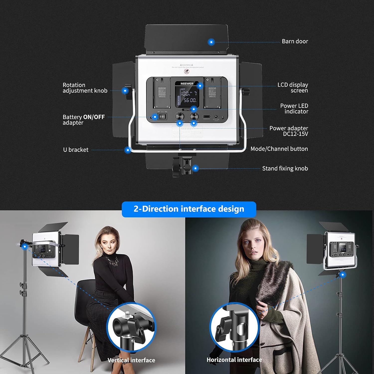 NEEWER SNL660 2 Pack LED Video Light Kit With Stand/Bag