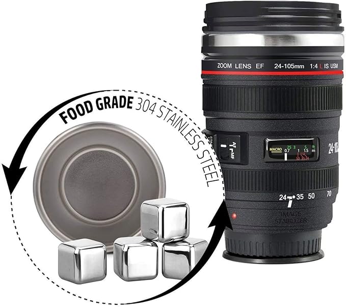 Camera Lens Coffee Mug With Lid,Photography Coffee Cup, Stainless Steel Lens Mug Leak Proof For Photographer Lovers Present