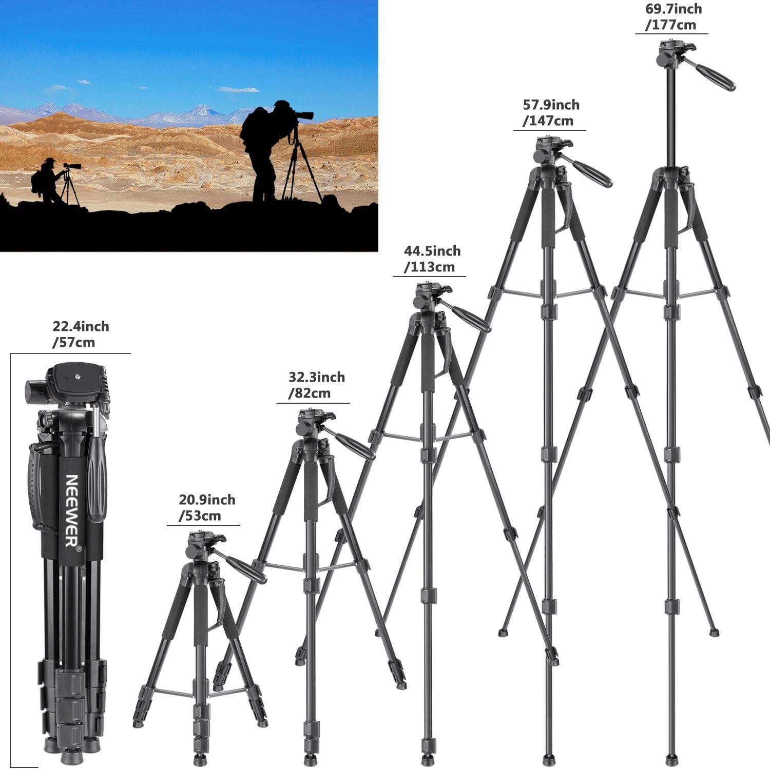 NEEWER Aluminium Alloy Camera Tripod Monopod with Pan Head (BLACK)