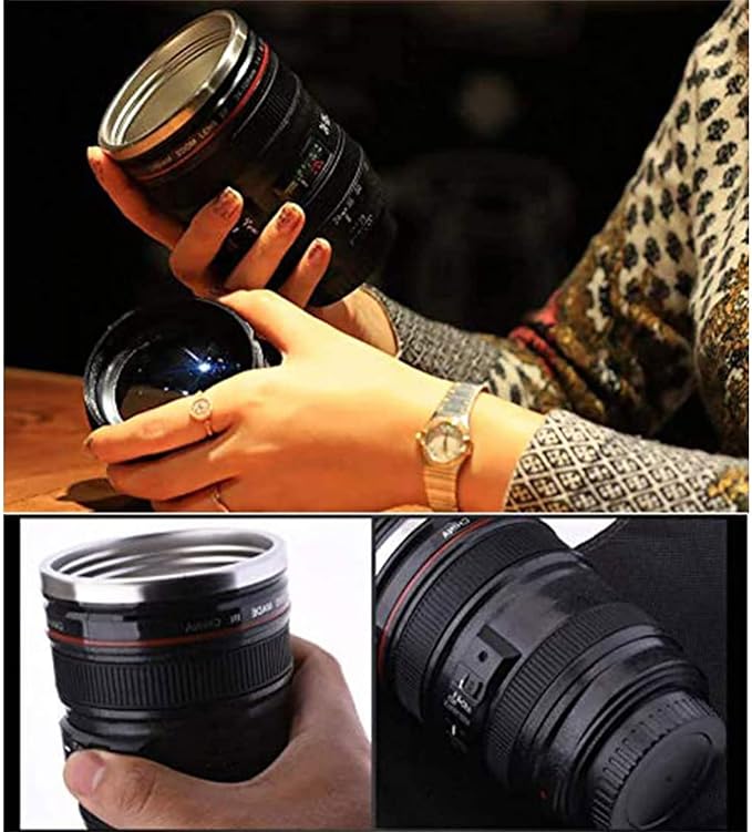 Camera Lens Coffee Mug With Lid,Photography Coffee Cup, Stainless Steel Lens Mug Leak Proof For Photographer Lovers Present