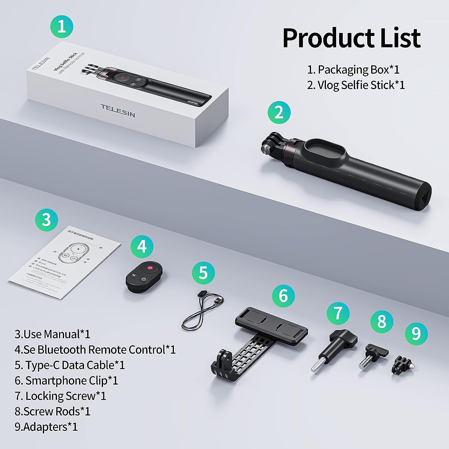 TELESIN 0.6M VLOG SELFIE STICK TRIPOD WITH REMOTE FOR GOPRO/ PHONE FOR ALL ACTION ACTION CAMERA TE-RCSS-001
