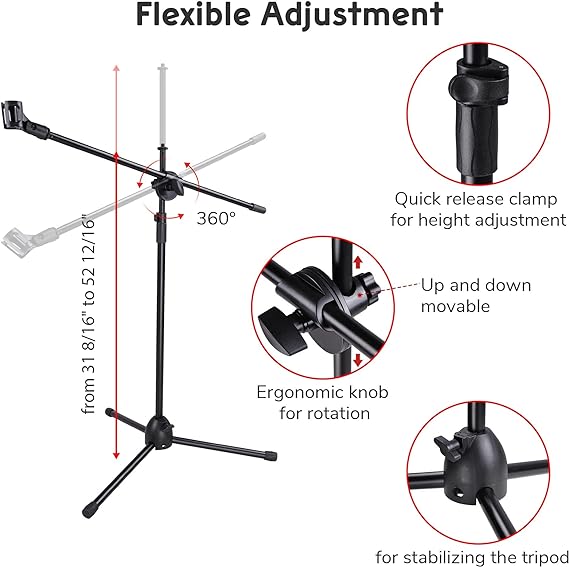 Promage Microphone Floor Stand Heavy Duty Adjustable Collapsible Tripod Boom Mic Stands w/2 Mic Clip Holders for Performance/Karaoke Singing/Speech/Wedding/Stage Party Outdoor Activity