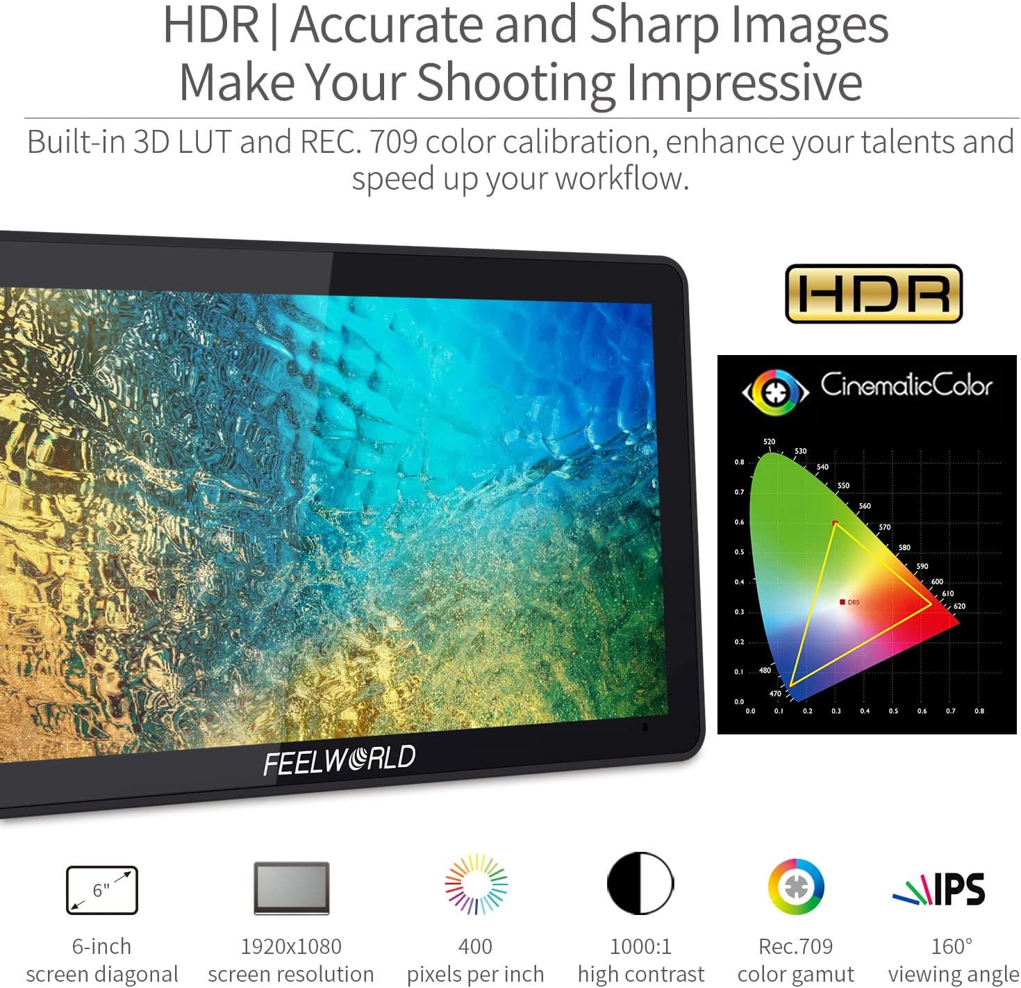 FEELWORLD F6 Plus V2 6″ 3D LUT 4K HDMI On-Camera IPS Monitor