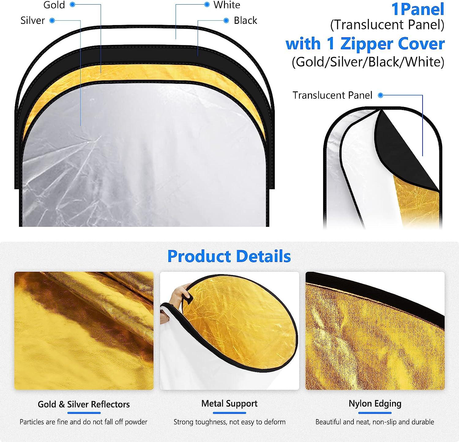 NEEWER 40"x 60"/100x150cm Light Reflectors for Photography, Portable 5 in 1 Collapsible Multi Disc with Bag - Translucent, Silver, Gold, Black, White Diffuser for Studio and Outdoor Lighting 100cm x 150cm