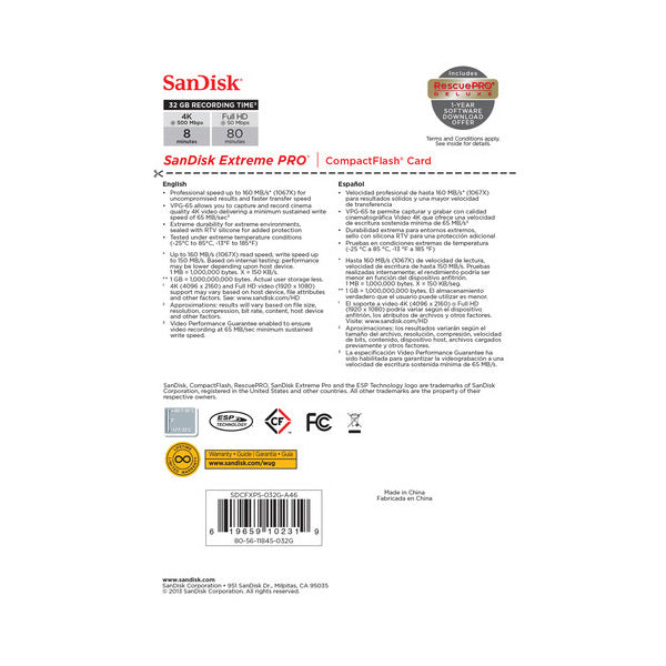 SanDisk 32GB Extreme Pro CompactFlash Memory Card (160MB/s)