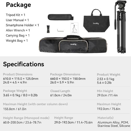 SmallRig CT210 Video Tripod with Fluid Head and Reversible Center Column 4475