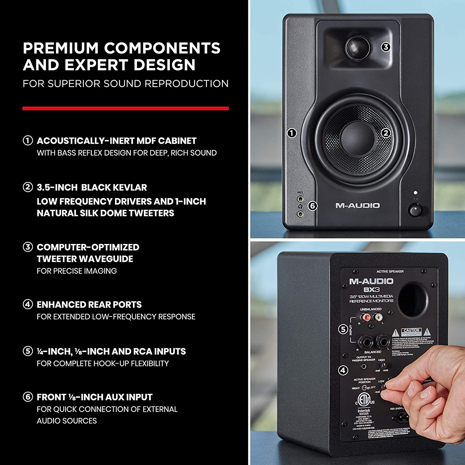 M-Audio BX3 - 120-Watt Powered Desktop Computer Speakers / Studio Monitors for Gaming, Music Production, Live Streaming and Podcasting (Pair)