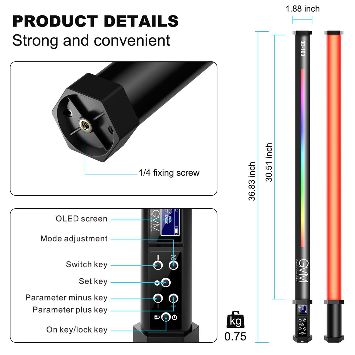 GVM BD100D 30W RGB LED Tube Wand Light