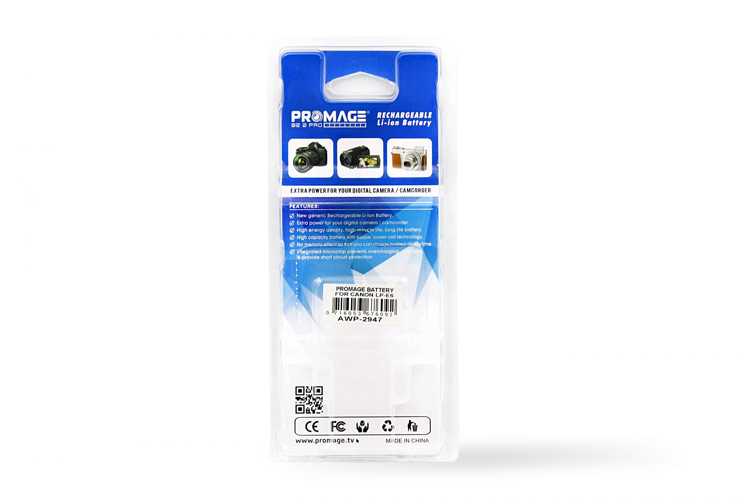 PROMAGE BATTERY FOR CANON LPE6 TYPE C 5V2A INPUT